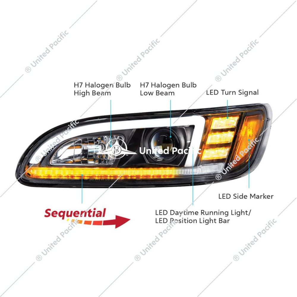 Black Projection Headlight W/LED Sequential Turn & DRL For 2005-2015 Peterbilt 386 & 1999-2010 387 -Passenger