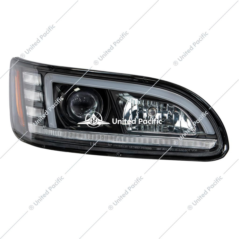 Black Projection Headlight W/LED Sequential Turn & DRL For 2005-2015 Peterbilt 386 & 1999-2010 387 -Passenger