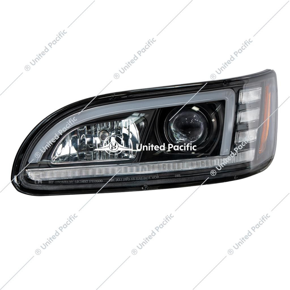 Black Projection Headlight W/LED Sequential Turn & DRL For 2005-2015 Peterbilt 386 & 1999-2010 387 -Driver