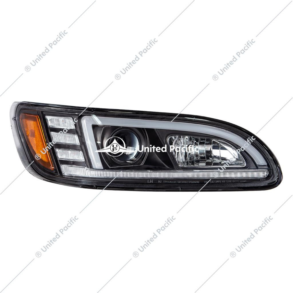 Black Projection Headlight W/LED Sequential Turn & DRL For 2005-2015 Peterbilt 386 & 1999-2010 387 -Passenger