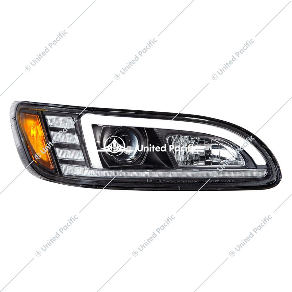 Black Projection Headlight W/LED Sequential Turn & DRL For 2005-2015 Peterbilt 386 & 1999-2010 387 -Passenger