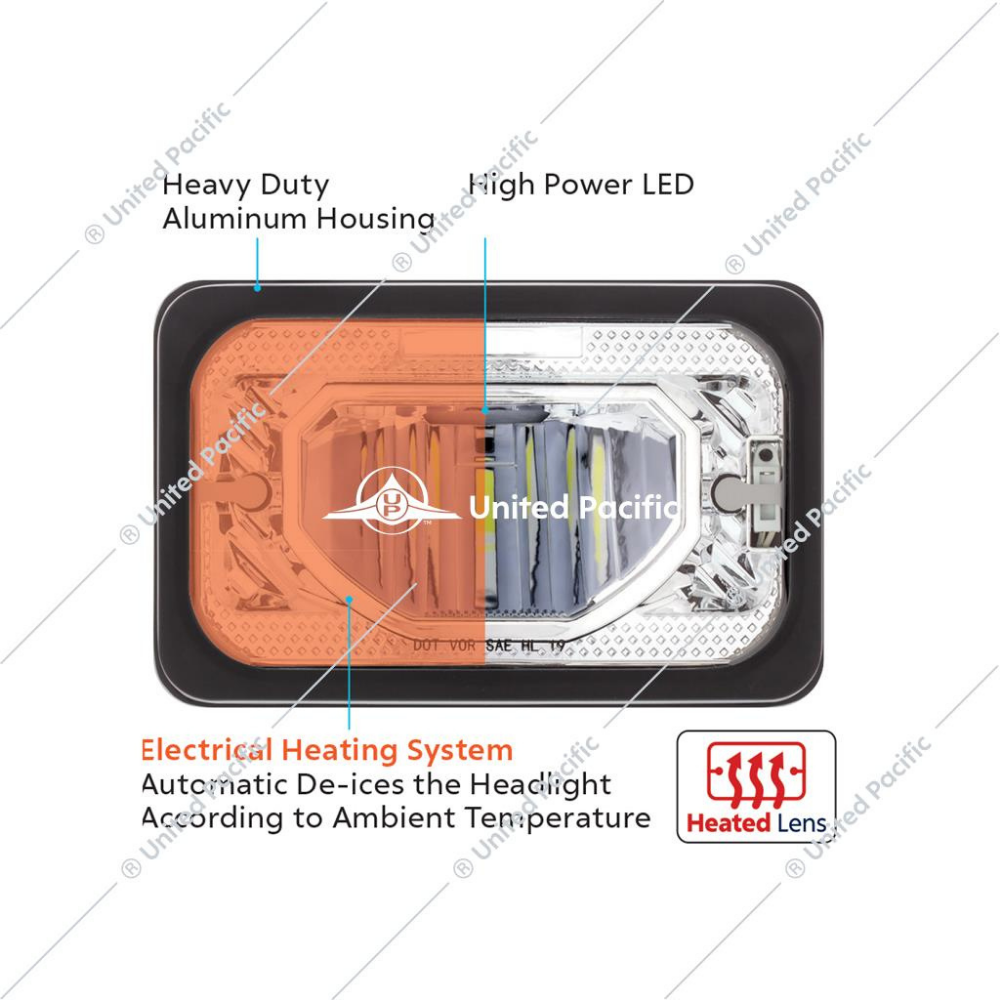 ULTRALIT - Heated 4&quot; X 6&quot; LED Headlight Low Beam - Chrome