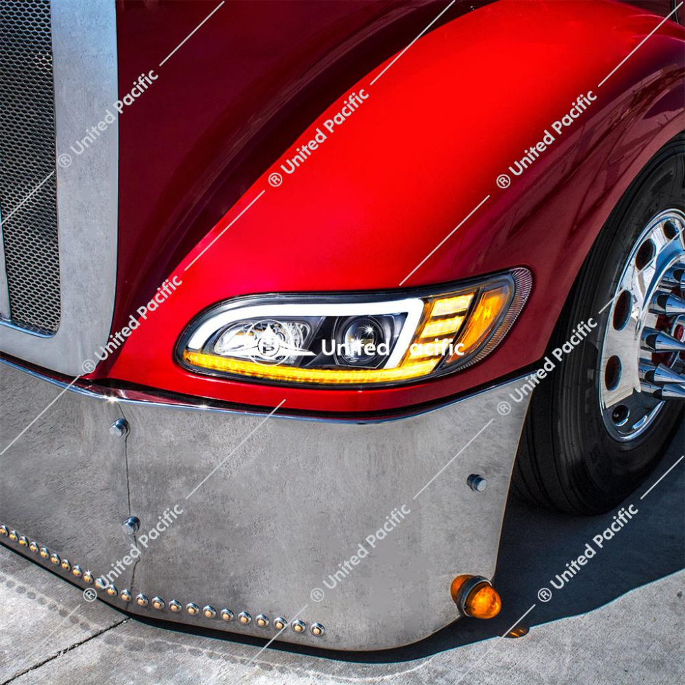 Black Projection Headlight W/LED Sequential Turn &amp; DRL For 2005-2015 Peterbilt 386 &amp; 1999-2010 387 -Passenger
