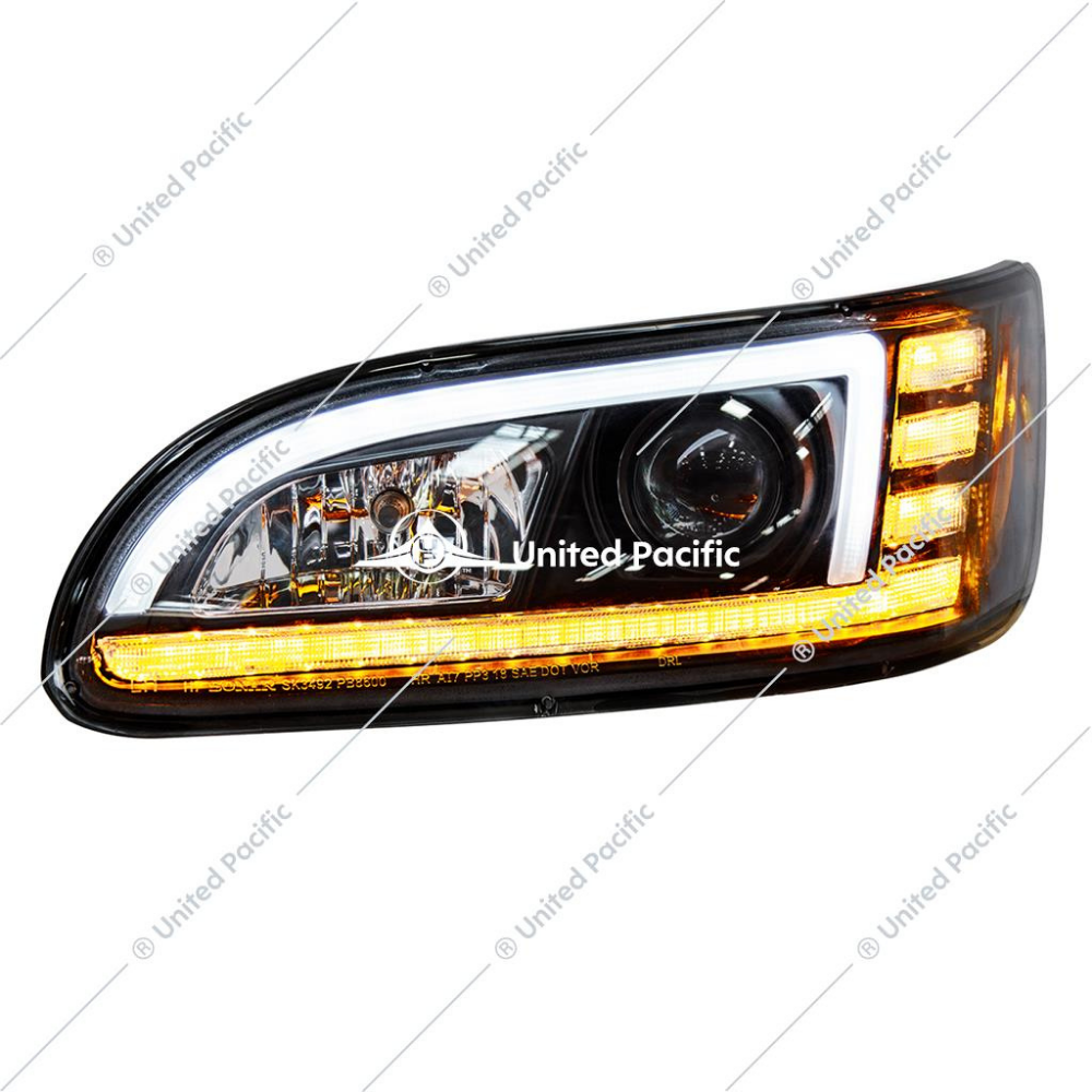 Black Projection Headlight W/LED Sequential Turn &amp; DRL For 2005-2015 Peterbilt 386 &amp; 1999-2010 387 -Driver