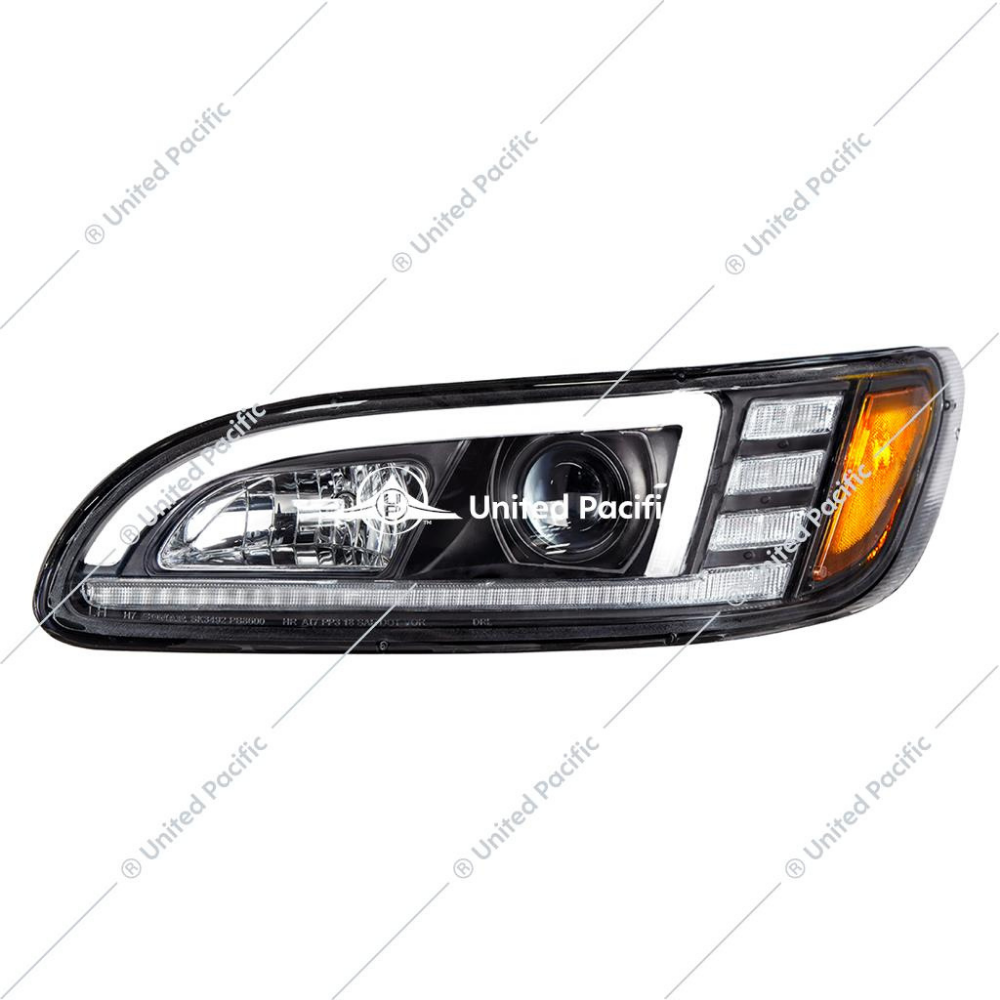 Black Projection Headlight W/LED Sequential Turn &amp; DRL For 2005-2015 Peterbilt 386 &amp; 1999-2010 387 -Driver