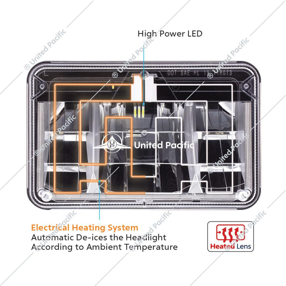 ULTRALIT - Heated 4&quot; X 6&quot; LED Headlight High Beam With Polycarbonate Lens &amp; Housing