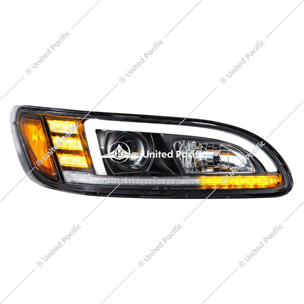 Black Projection Headlight W/LED Sequential Turn &amp; DRL For 2005-2015 Peterbilt 386 &amp; 1999-2010 387 -Passenger