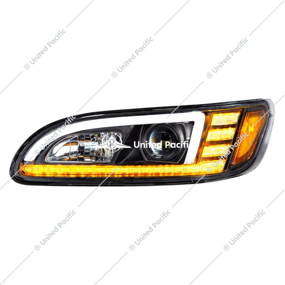 Black Projection Headlight W/LED Sequential Turn &amp; DRL For 2005-2015 Peterbilt 386 &amp; 1999-2010 387 -Driver