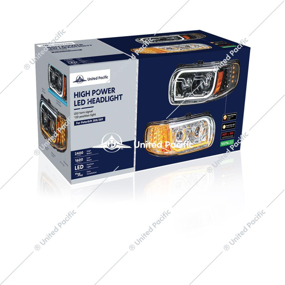 High Power LED Chrome Headlight W/16 LED Turn &amp; 57 LED Bar For 2008-15 PB 388 &amp; 2008-2021 389 -Passenger