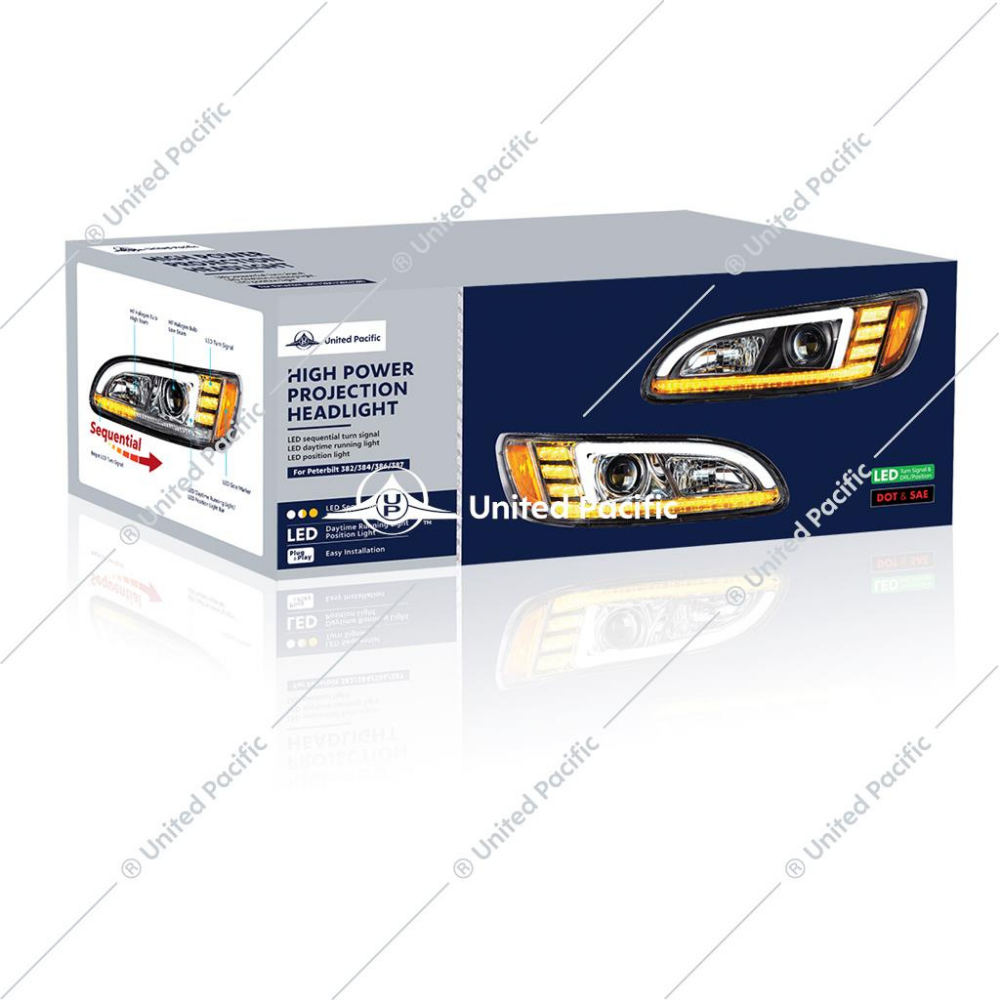 Black Projection Headlight W/LED Sequential Turn &amp; DRL For 2005-2015 Peterbilt 386 &amp; 1999-2010 387 -Passenger